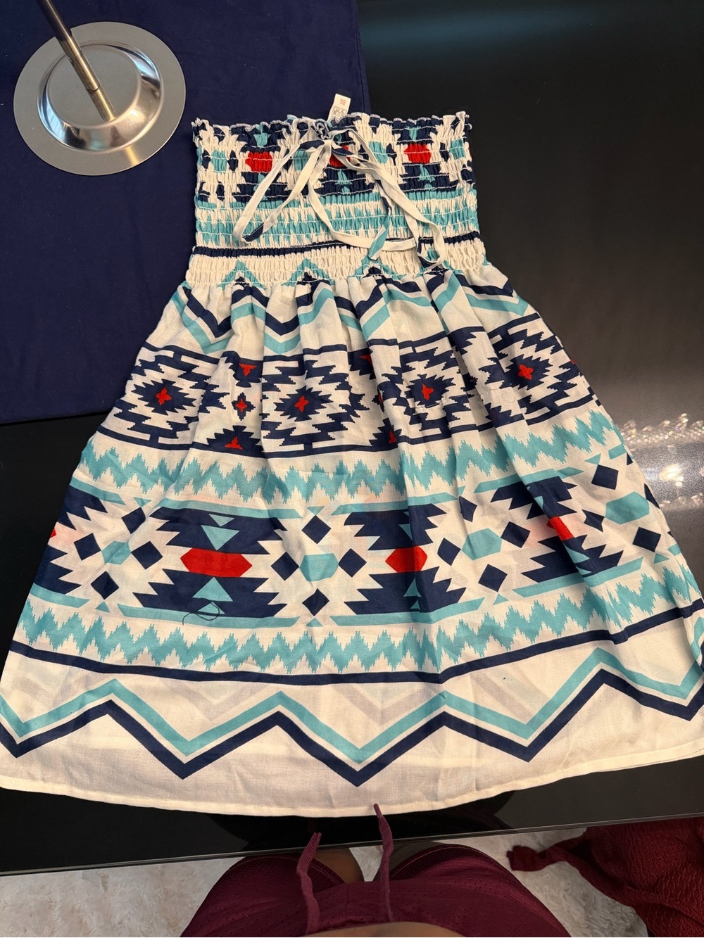 Womans’ Strapless Aztec Print Tunic Top in Navy & Aqua